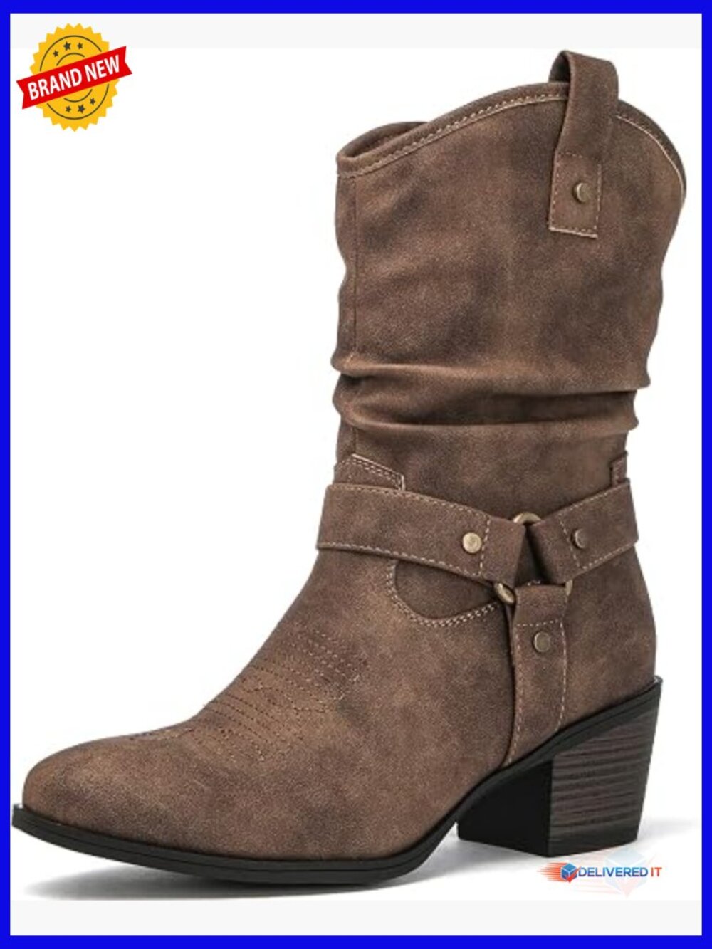Western Cowgirl Boots Mid Calf Chunky Low Heel Faux Leather Zip Closure